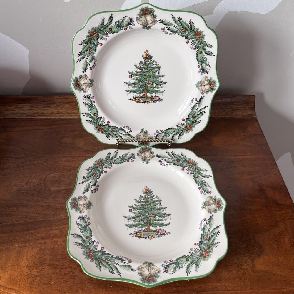 2 Spode Christmas Tree Garland Square Salad Plates 8.75” Vintage 2005 Holiday